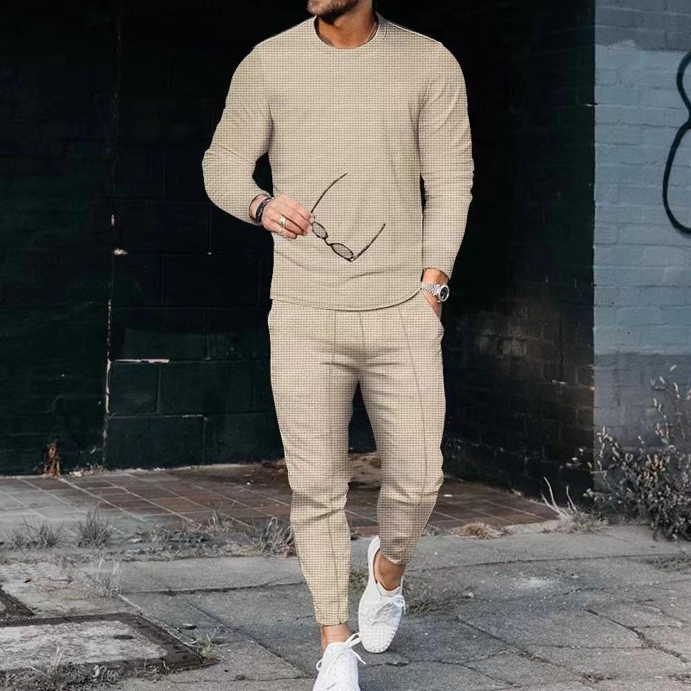 2025 Men's Waffle Round Neck Solid Color Long Sleeve and Long Pants Casual Sports Suit.
