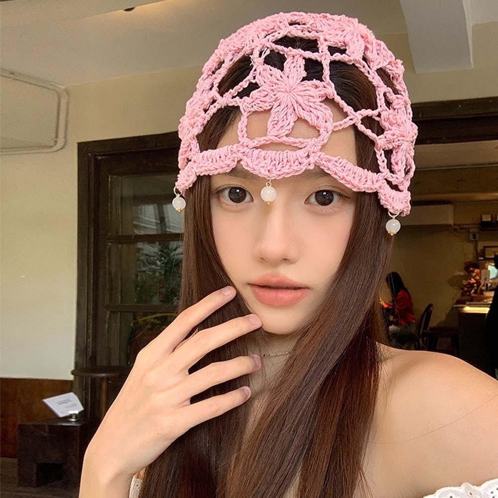 Handmade Crochet Flower Knitted Hat Bohemian Style Woven Cap Cute Hollowed Out Beanie Cap Women