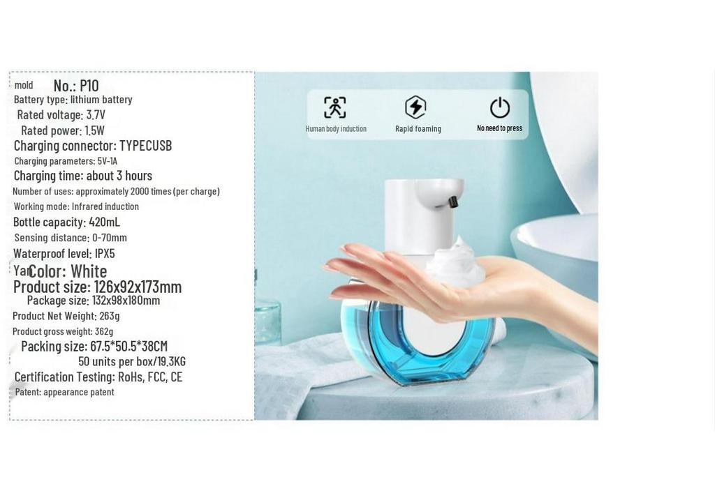 P10 Автоматический дозатор для антисептика для рук и мыла с пенообразованием и умным сенсором