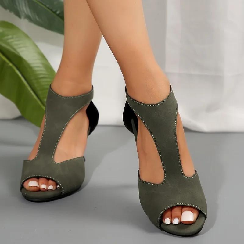 2024 Летняя женская обувь Модные однотонные босоножки с открытым носком и каблуком-шпилькой на молнии на среднем каблуке с застежкой-молнией