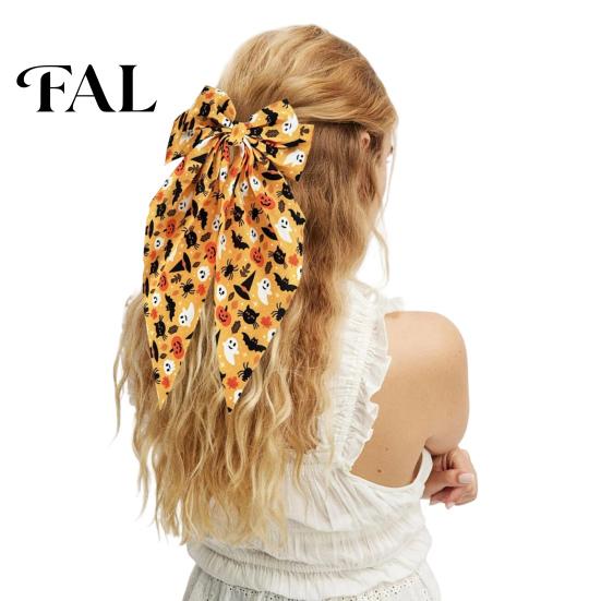Bat Theme Hair Decoration Halloween Silky Satin Bows, Big Ribbon Bow Clips, Oversized Decorative Accessories for Long Tail Barrettes, Cute Women Girls