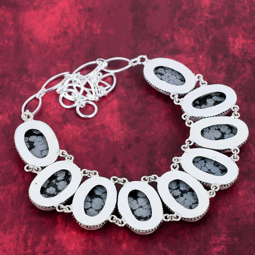 Snowflake Obsidian Handmade Jewelry Set, 925 Solid Sterling Silver Jewelry, Beauteous Unique Design Bracelet & Necklace Set For Her
