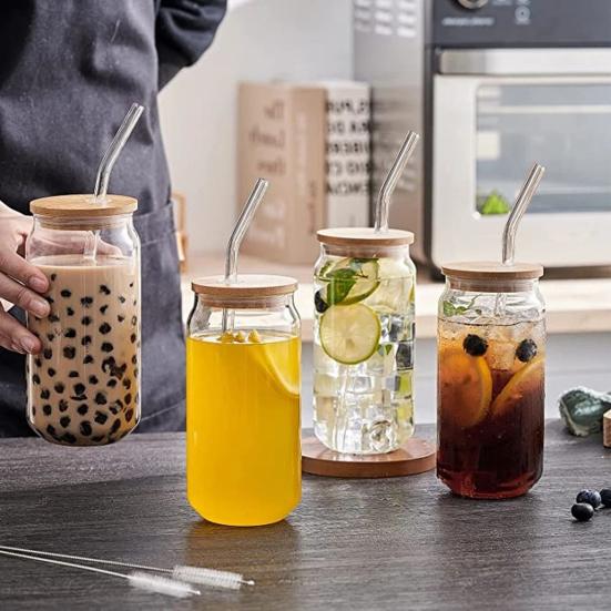 Trendy Mason Jar Tumbler Glass Straw Cup with Wood Lid for Cold Drinks 500ml Borosilicate Cup for Soda & Bubble Tea