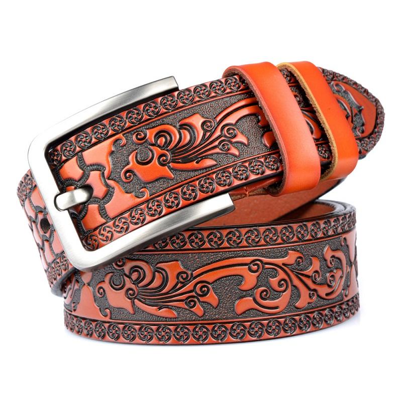 Belts for Men Vintage Genuine Leather High Quality Fashion Classic Casual Carved Flowers Jeans Men Belts Pin Buckle Strap HQ232