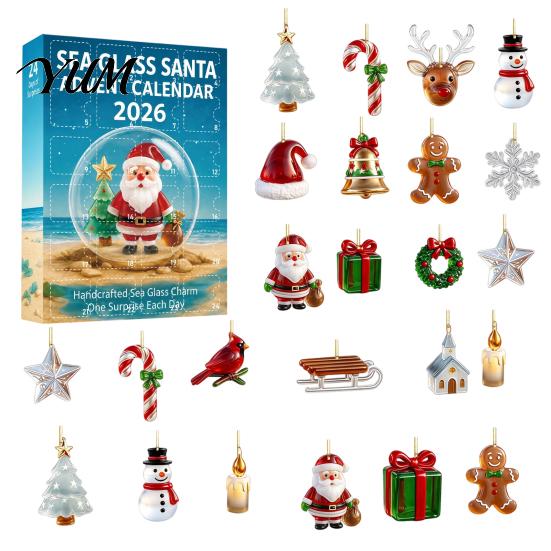 Decorative Sea Glass Charms Christmas Advent Calendar, 24-Day Acrylic 2D Ornament Set Gift for Kids with Santa Gingerbread Man, Tree Hanging