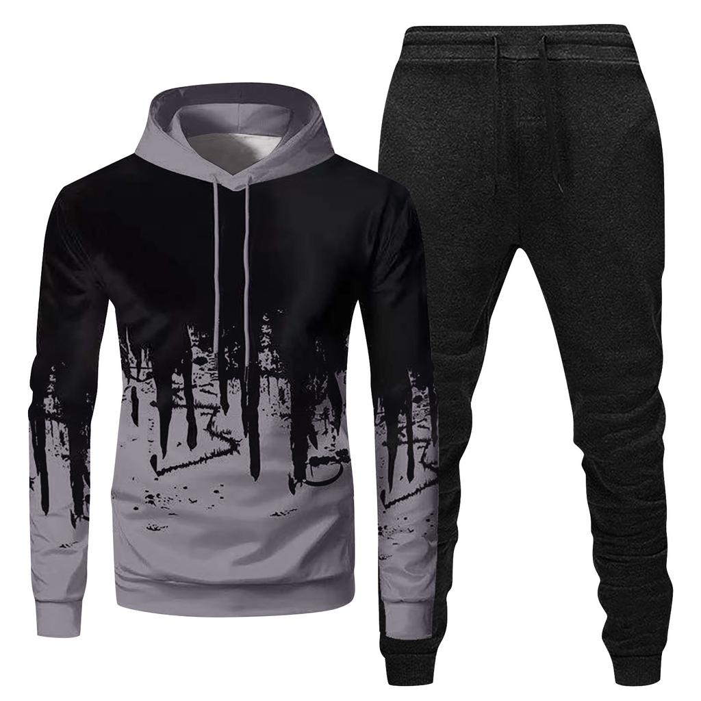 Mens Hooded Sports Tracksuit Unisex Two-Piece Running Outfits Long Sleeve Pullover Hoodies Sweatshirt+Sweatpants Set