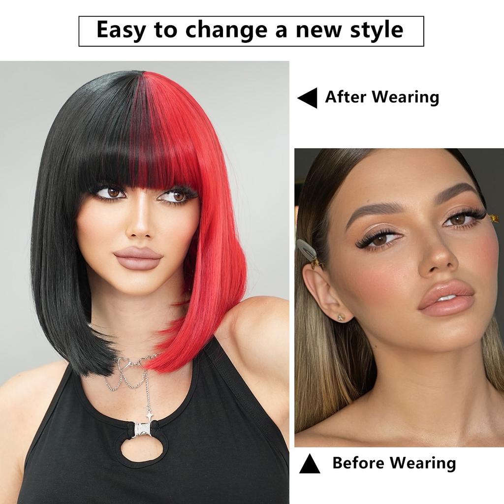 Half Black Half Red Bob Wig for Women - Full Bangs Short Straight Hair, Halloween Party Cosplay Street Style Two-Tone Full Cap Wig