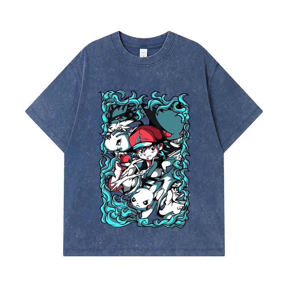 Стиранные футболки 275 г/м² 100% Хлопок Печать Pokemon V26 Унисекс Футболка из плотного хлопка