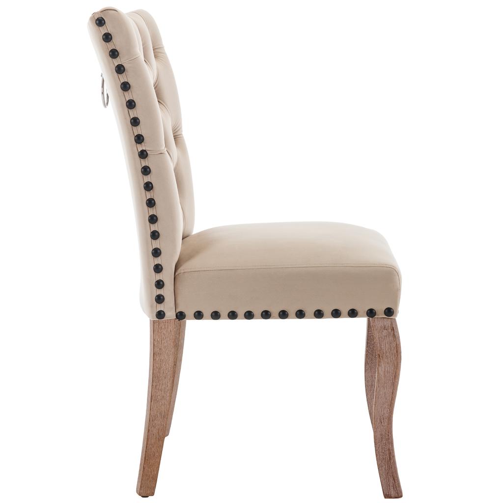 Dining Chair (Kitchen, Living Room, with Door Knocker on Back, 2 pcs), Upholstered, Nailhead Trim, Legs of Solid Wood, Cover of Velvet, Light Camel