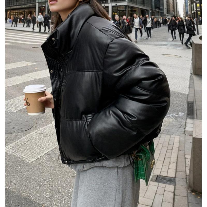 Женская мода зимние кожаные пальто с воротником-стойкой и длинным рукавом короткие стеганые куртки женские парки шикарный теплый наряд