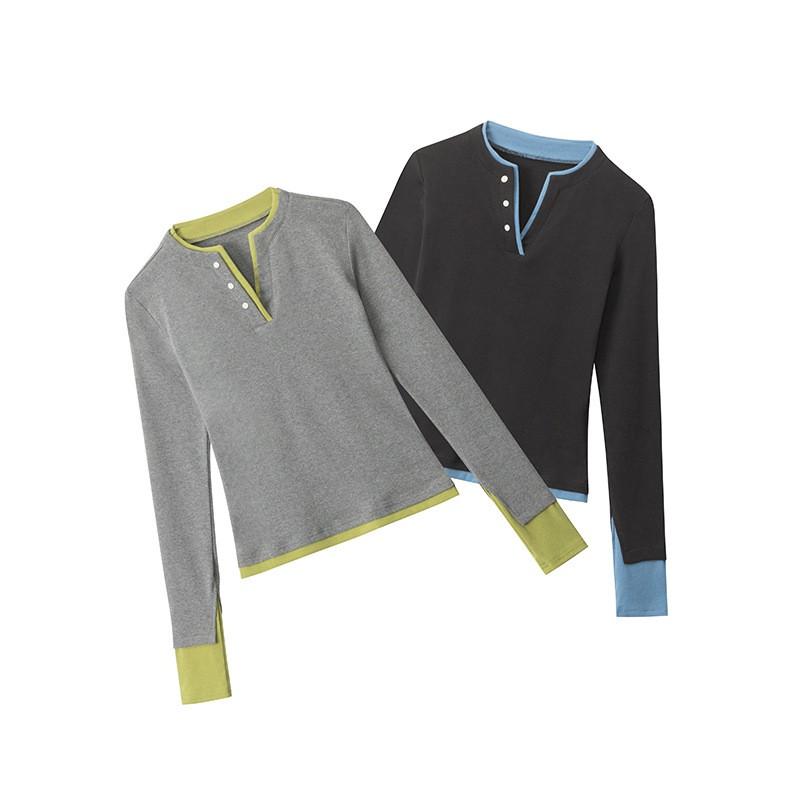 Womens Slim Fit Long Sleeve T-Shirt With V-Neck Colorblock Mock Two-Piece Design Cotton Blend Casual Office Wear