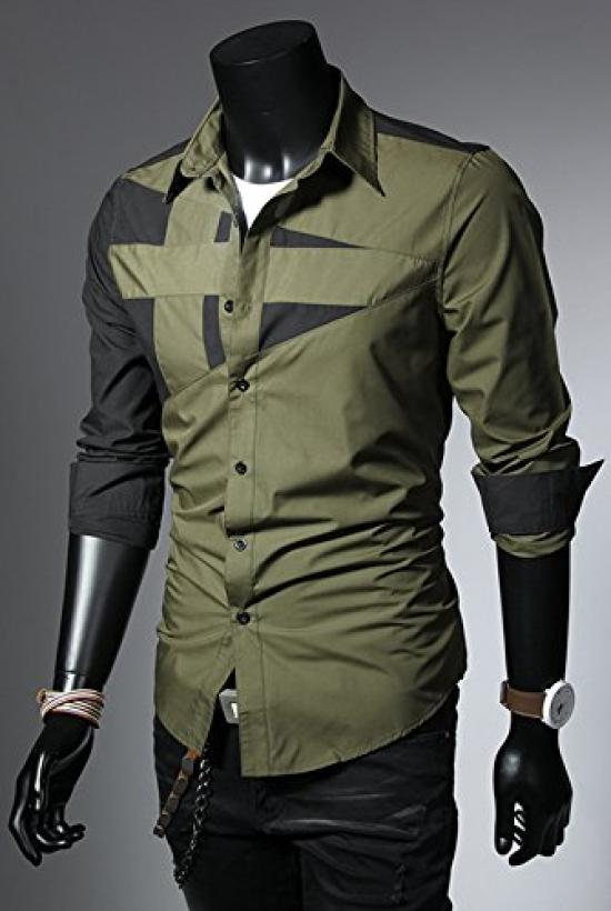 Casual Long Geometric Slim Cut and Green and Dress Salon LEON Student Coordination Green and (SGL Collection) Men's Shirt, Sleeve, Design,