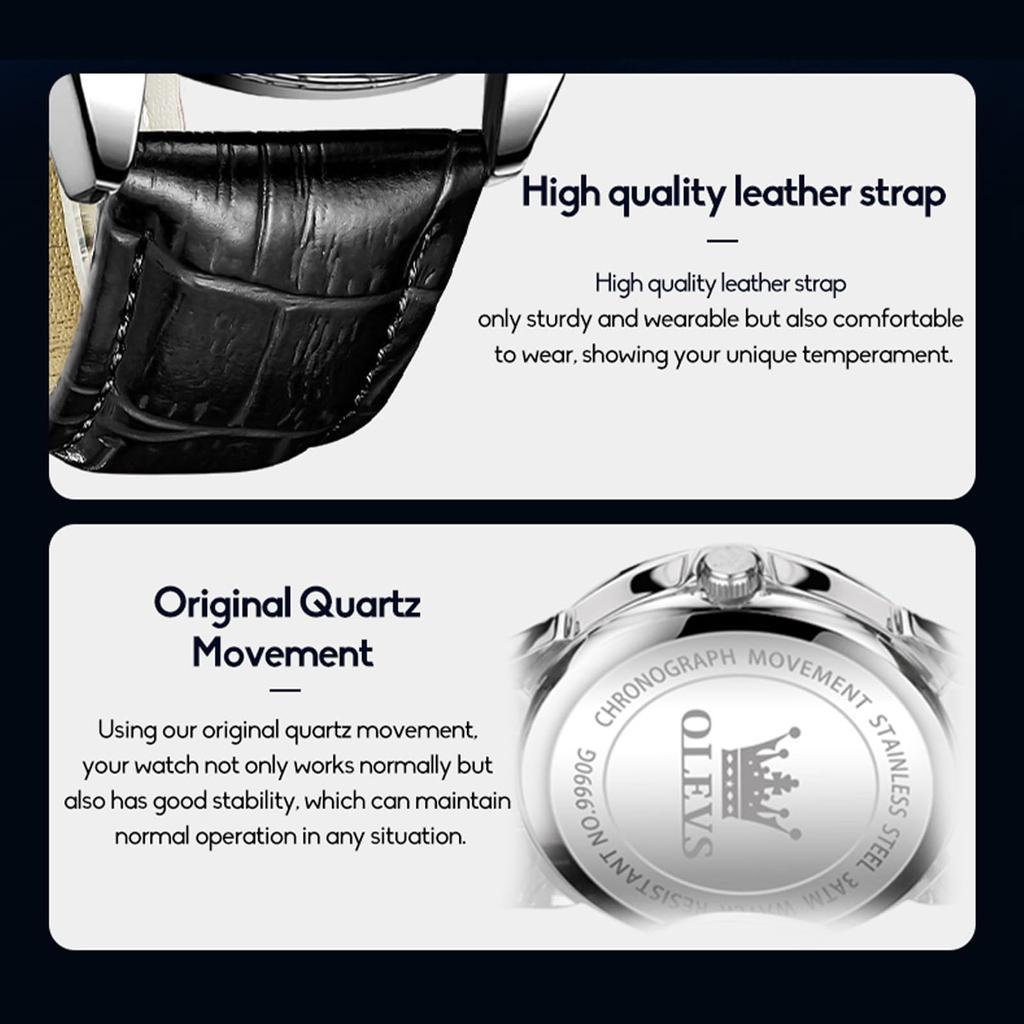 OLEVS водонепроницаемые кожаные деловые часы для популярных прохладных кварцевых часов с серебряным циферблатом для устойчивой к давлению руки, удобные повседневные мужские часы, черные, часы,