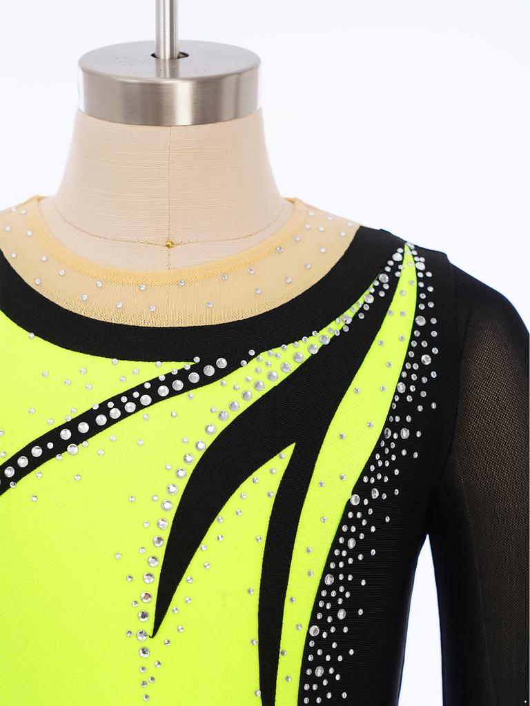 Girls Mesh Long Sleeves Keyhole Back Shiny Rhinestones Color Block Dance Jumpsuit Gymnastics Performance Costume