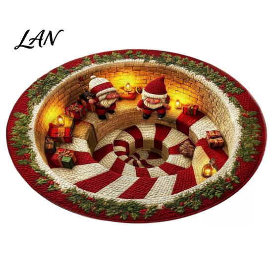 Decorative Indoor Room Rug Christmas Round Area Rug, 3D Optical Illusion Floor Mat with Santa Candy Cane Print, Non-Slip Stain Resistant Carpet