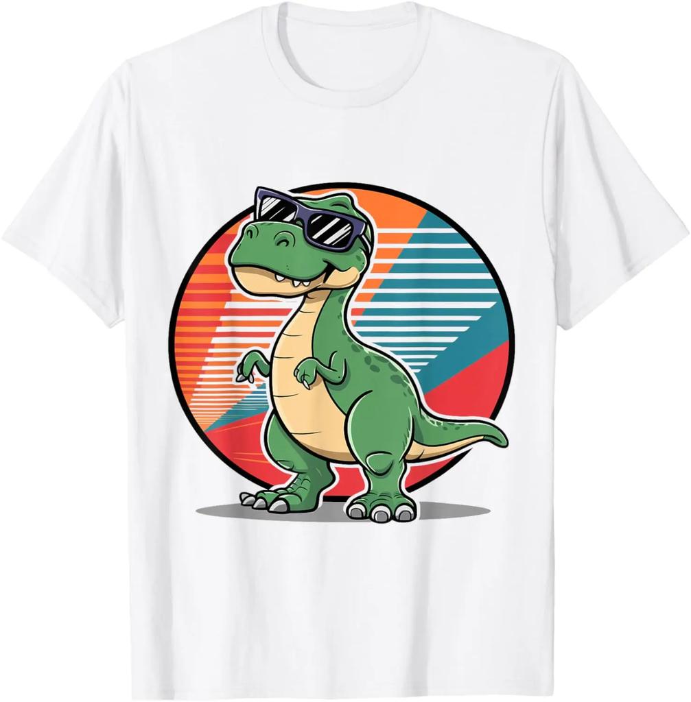 Men's dinosaur and Tyrannosaurus rex pattern printed 100% pure cotton short-sleeved T-shirt, retro and nostalgic Harajuku top