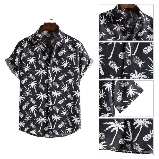 Turn-down Collar Short Sleeve Men Shirt Buttons Down Summer Coconut Tree Print Hawaiian Shirt for Travel