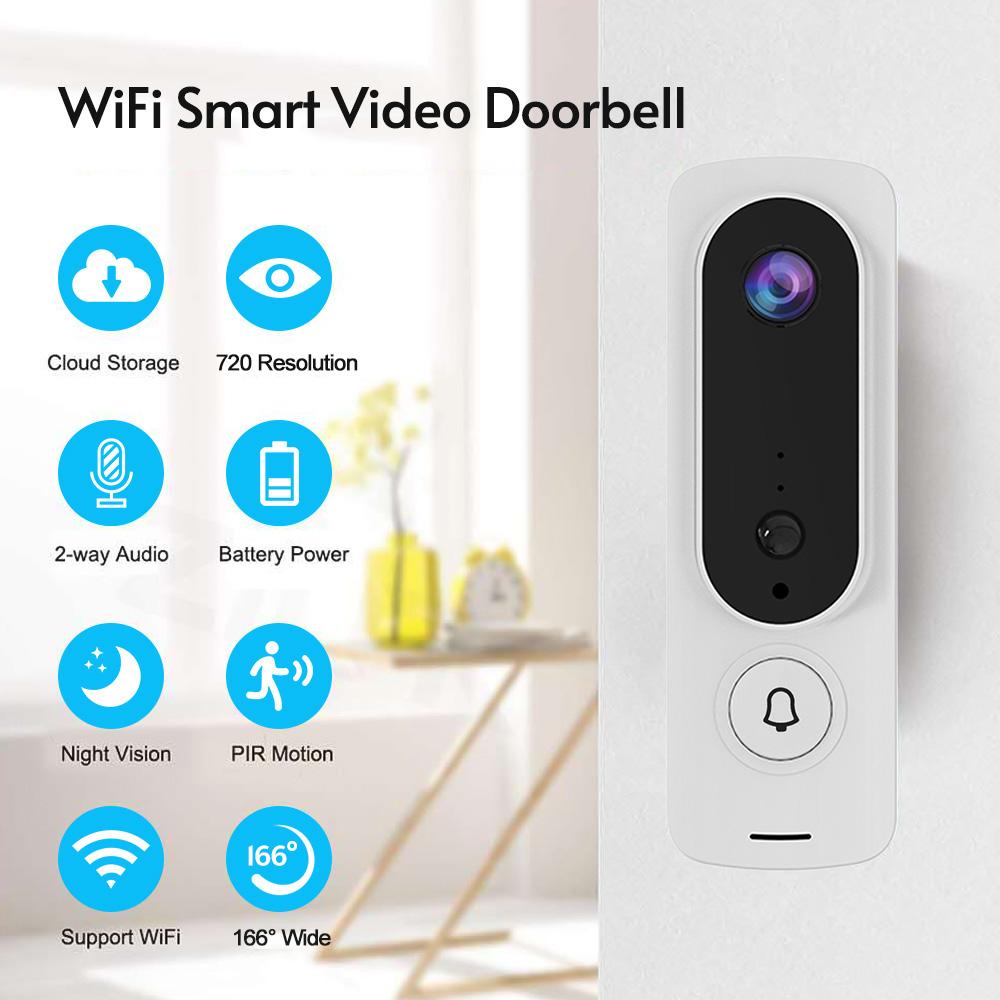 Wireless Video Doorbell 720P Visual Real-time Intercom Wi-Fi Video Bell PIR Detection Night Vision 2-Way Talk Home Security Camera with 166° Viewing