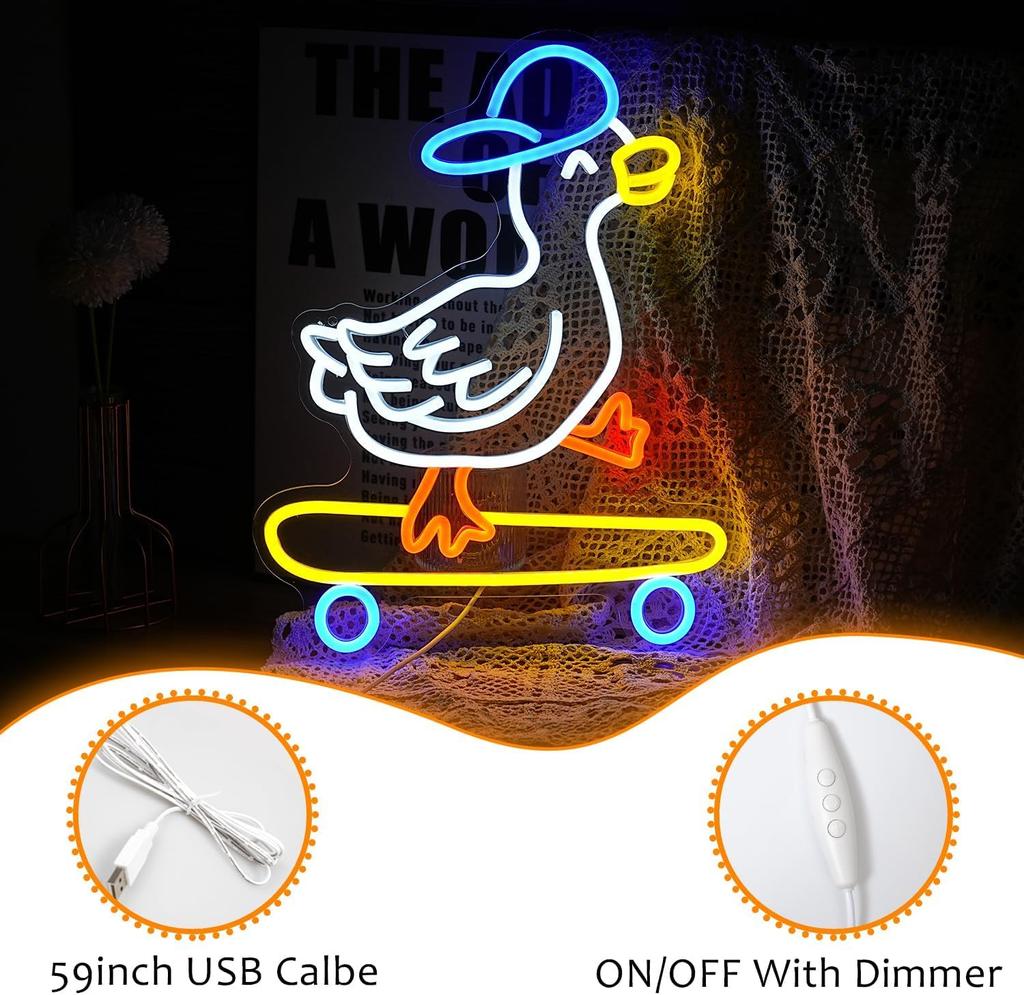 Skateboard Duck Neon Sign Dimmable LED Happy Duck Neon Light USB Powered Hat Duck Light Up Sign Living Room Bedroom Art Wall Decor Boys Girls Gift