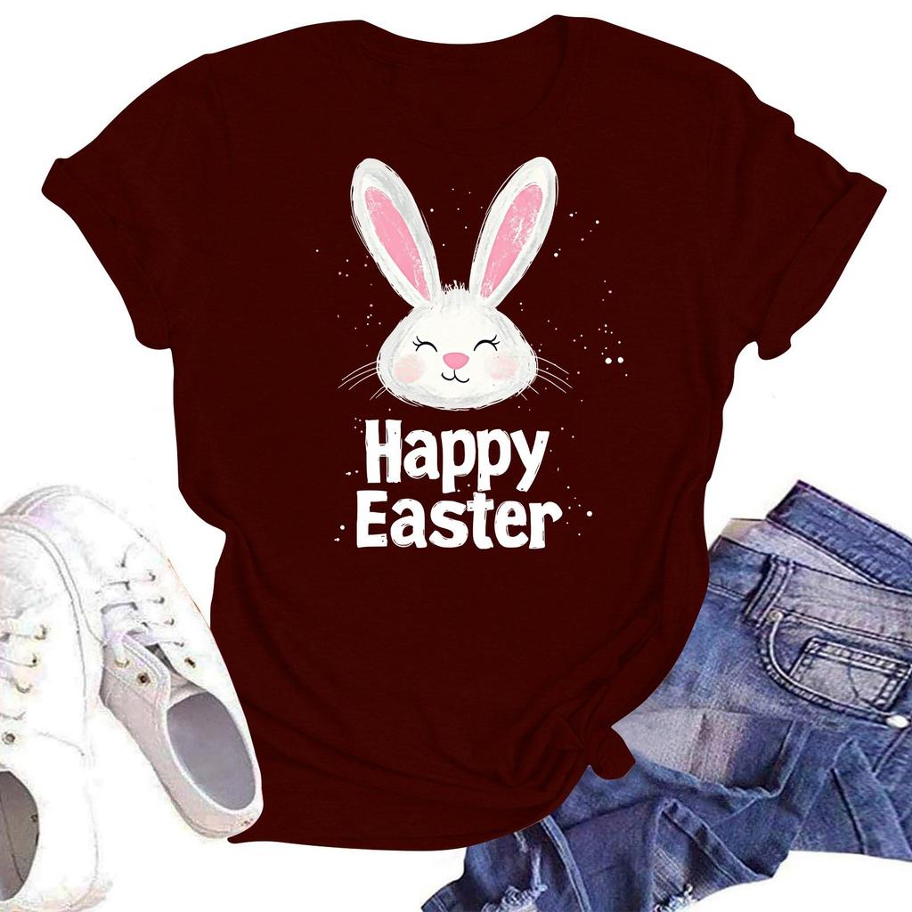 Happy Easter Women's Fashion Printed Round Neck Short Sleeve T-Shirt Pullover Top