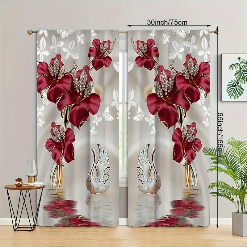 2 Pieces of Flowers Printed Curtains, Pole Bag Curtains 30*65, Bedroom, Living Room, Home Decoration, Room Decoration