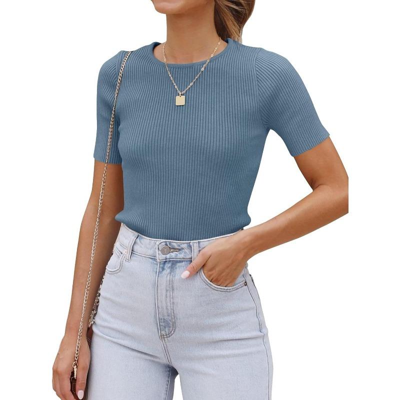 Women Short Sleeve Crew Neck Slim Fit Knit T Shirt