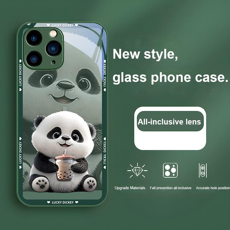 Purple Metallic Paint Tempered Glass Phone Case for Iphone 14 13 12 11 Pro Max X XS XR 7 8 Plus 2020 SE Cute Panda with Milk Tea