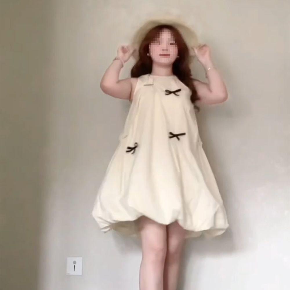 French Sweet Bowknot Sleeveless Dress With Knit Fabric For Summer Casual Wear