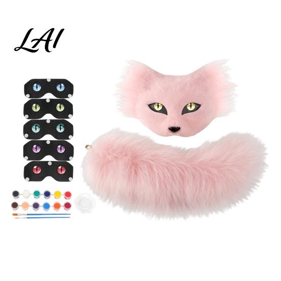 Comfy Fluffy Masque for Parties DIY Therian Kit Plush Furry Fox/Cat Animals with Realistic Fox Tail Eye Mesh Christmas Halloween Masquerade Cosplay