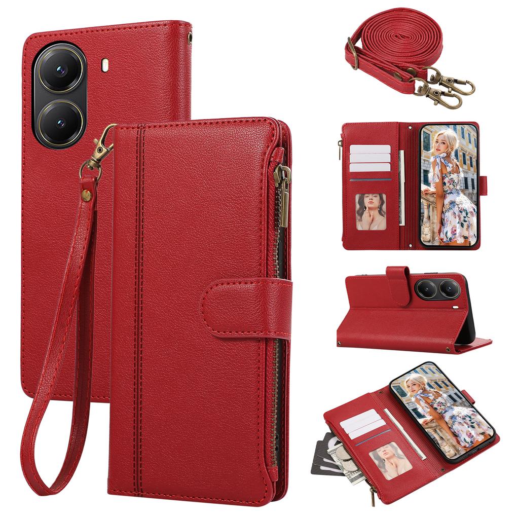 Для Xiaomi Poco X7 Pro 5G/Redmi Turbo 4 5G Чехол Многослотовый на молнии Кожаный чехол для телефона с плечевым ремнем/ремешком на запястье