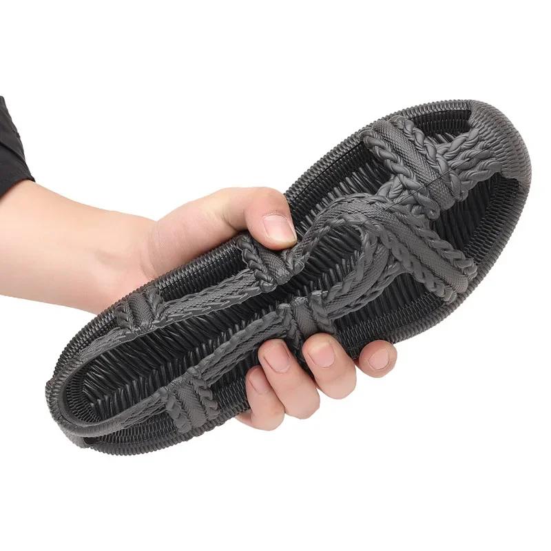 Ретро плетёная обувь ручной работы с мягкой подошвой, нескользящая пляжная обувь для мужчин и женщин, плетёные из ротанга травяные сандалии-шлёпанцы