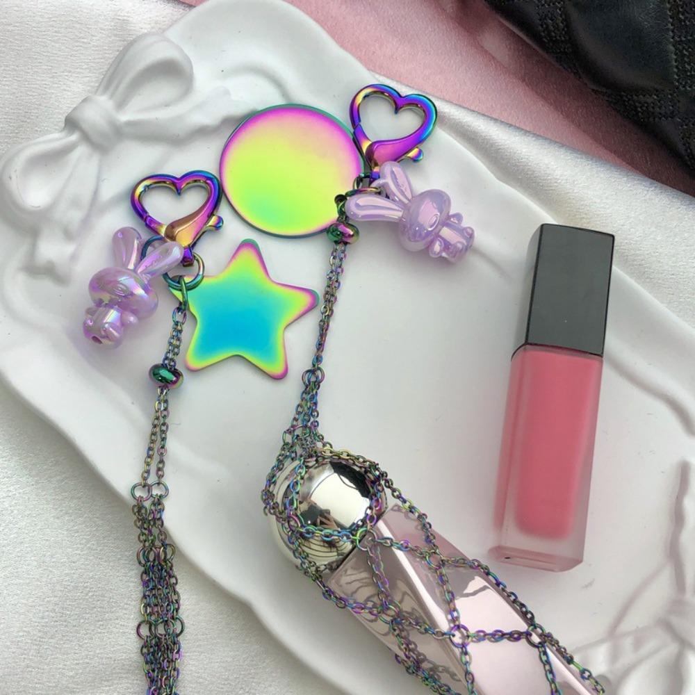 Custom Ins Colorful Stainless Steel Keychain Portable Lipstick Mesh Pocket Keyring Portable Folding Ladies Key Chain Ring Gift