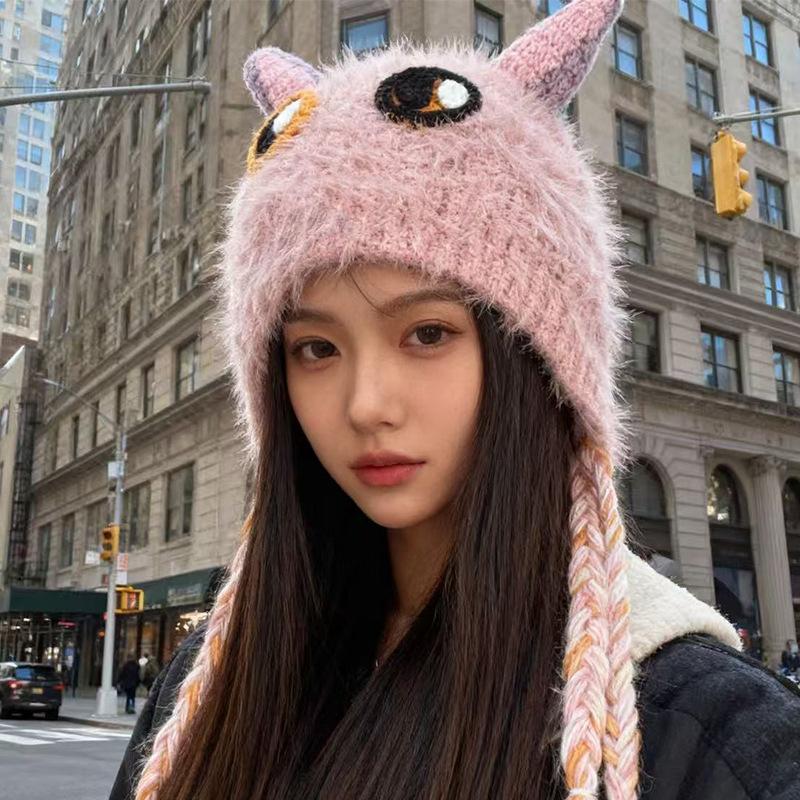 Japanese Cute and Funny Little Monster Plush Knitted Hat for Women Autumn and Winter Warm Ear Protection Bag Head Hat Versatile Lei Feng Hat