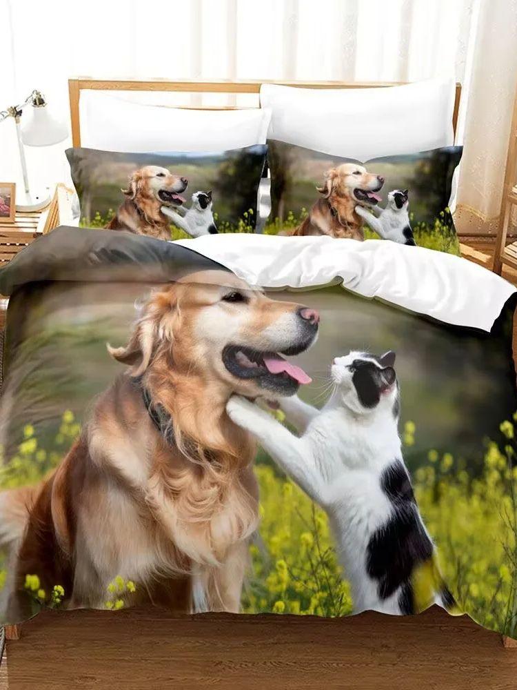 Милый Комплект Постельного Белья с 3D Принтом Собаки Кошки Удобный Приятный к Коже Любимый Терапевтический Твин Кинг Набор Пододеяльников для Детей Мальчиков Девочек Подарок