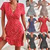 Boho Floral Print Ruffles Women Dress Summer Sexy V Neck Short Sleeve A Line Chiffon Mini Dresses Beach Vacation Sundress