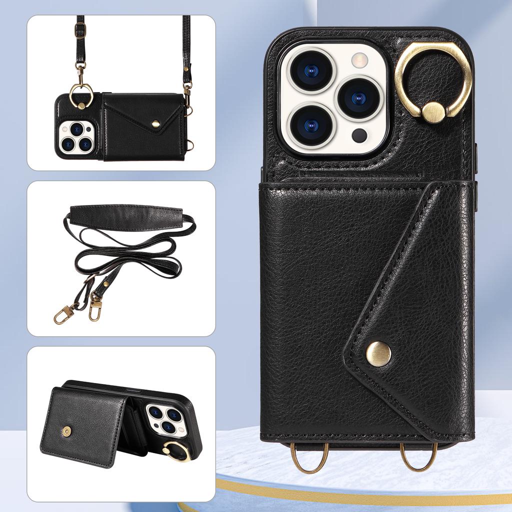 Для iPhone 15 серии. Для iPhone 15, 15 Plus, 15 Pro, 15 Pro Max плечевой ремень веревка кольцо кронштейн дизайн держатель для карт слоты личи узор чехол для телефона