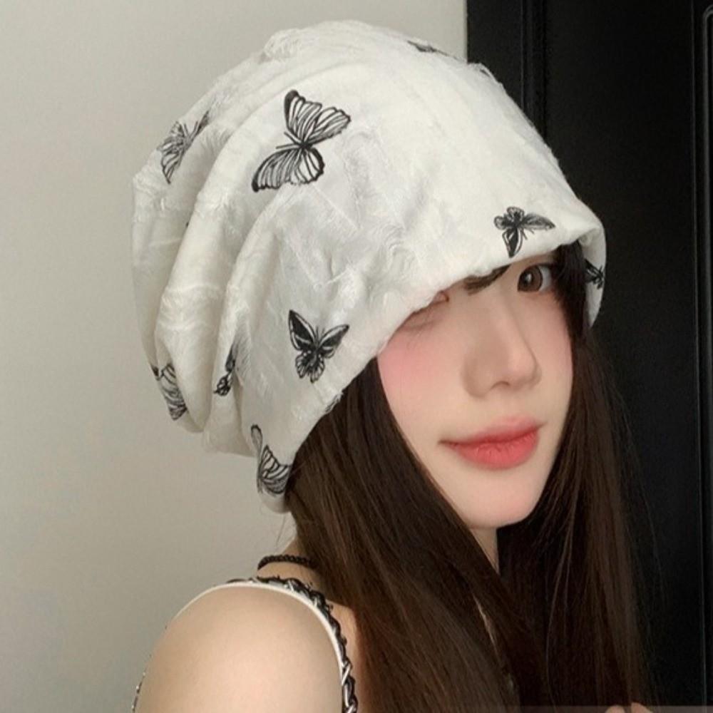 Thickened Butterfly Print Beanies Holes Plush Pullover Hat Soft Fleece Beanies Outdoor
