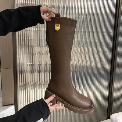 Женские сапоги выше колена на молнии с круглым носком, сабо на платформе, женская роскошная дизайнерская зимняя обувь выше колена, средняя осень