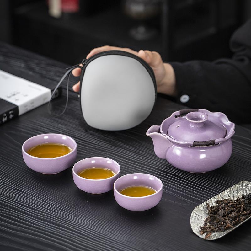 Purple Ru Kiln Travel Tea Set Portable Outdoor Camping Blue and White Ceramic Kuaike Cup Gift Retro Hand Grab Pot