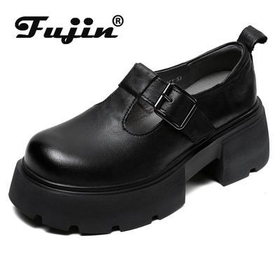 Fujin/весенняя женская обувь на высоком каблуке 6 см на платформе, осенняя обувь на танкетке, натуральная кожа в этническом стиле, летняя мода на круглой подошве с крючком Мэри Джейн