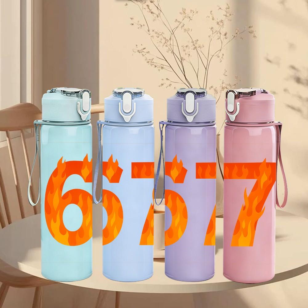 1PC Flaming Number Sixty Seven 750ml Color Plastic Sports Water Bottle Leakproof Flip Straw Lid Suitable for Sports Office Home Use