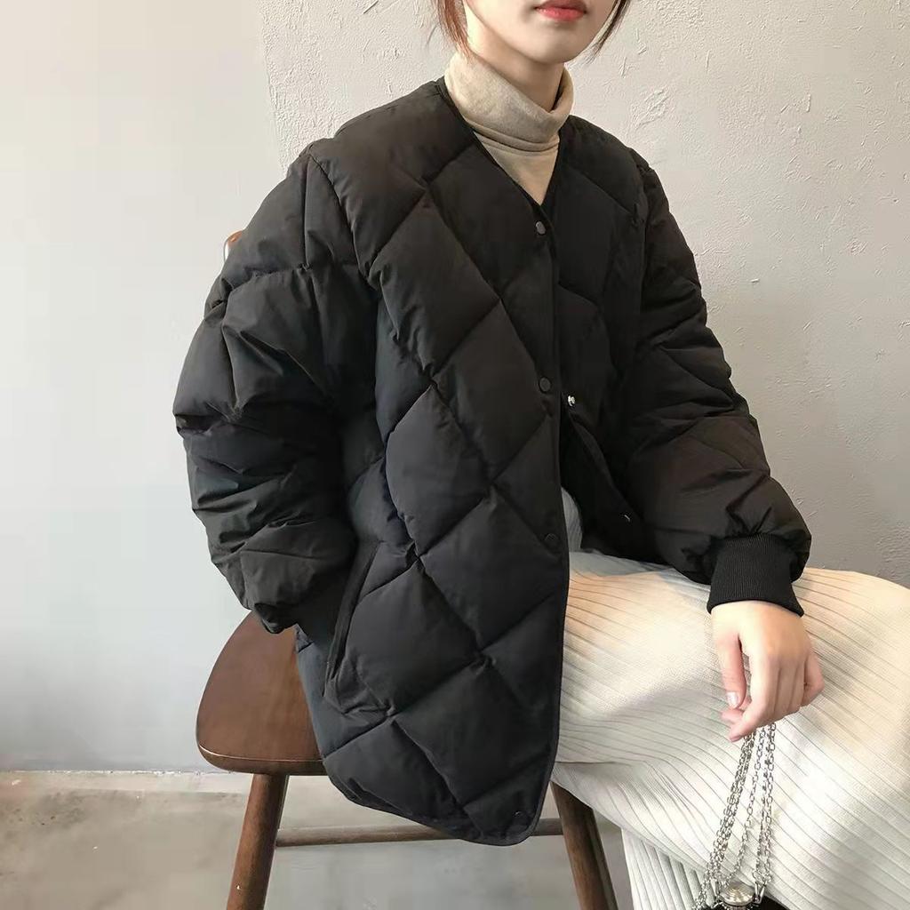 2025 Winter Women's Short Quilted Puffer Jacket, Diamond Pattern Collarless Down Cotton Coat