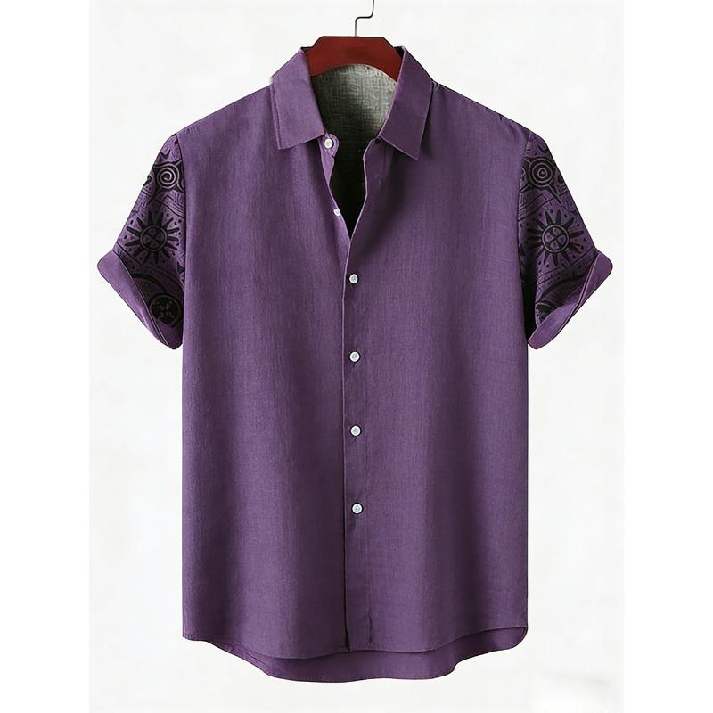 Men's New Ethnic Style Character Natural Printed Linen Casual Shirt Hawaiian Outdoor Activity Short-sleeved Clothing for Men