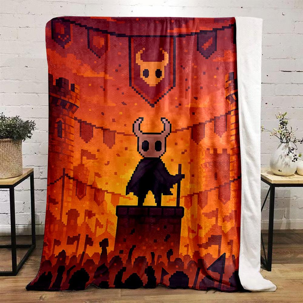 A pixel art scene of a crowned figure on a pedestal amid flags and crowds. for all seasons blanket lunch break throw gift