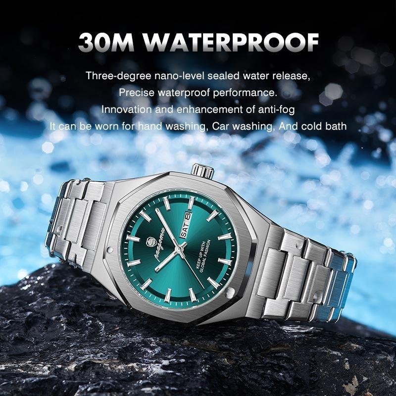 Mens Luxury Watches Octagonal Stainless Steel Analog Quartz Watch with Day Date, Waterproof Luminous Casual Watch