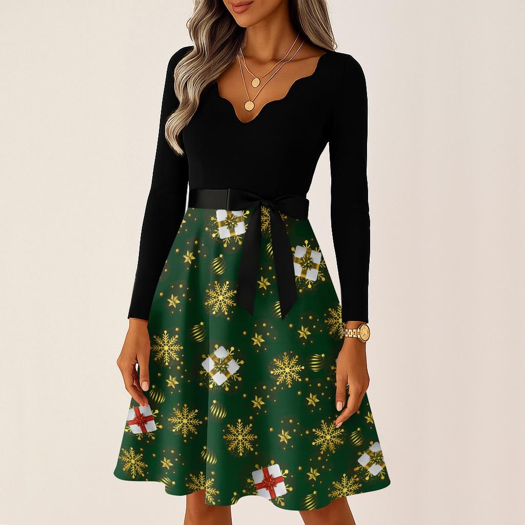 Женские повседневные модные длинные платья с рождественским графическим принтом и длинными рукавами в винтажном стиле