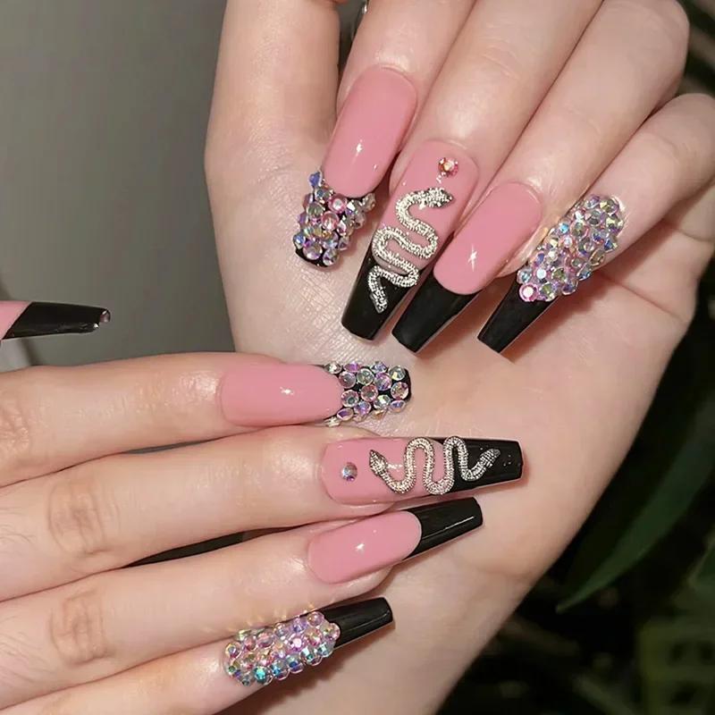 24Pcs Long Coffin False Nails with Love Rhinestone Design Pink French Ballet Fake Nails Manicure Tips Wearable Press on Nails