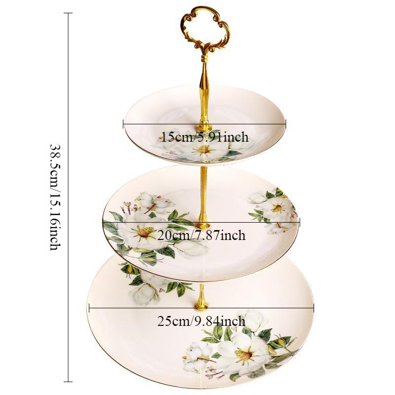 Элегантная 3-ярусная керамическая подставка для торта «Камелия» - Подставка для фруктов, десертов, кексов для чаепития, Сервировочное блюдо, Тарелка-поднос для закусок, конфет, хлеба, Высота 38,5 см