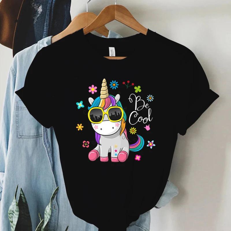 Short Sleeve T Shirt Cool Unicorn Print Women Summer Casual Harajuku Shirt Woman Y2k Aesthetic Graphic Clothes Cartoon Tshirt