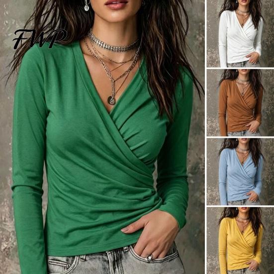 Breathable Slim Fit Tops Cross V-Neck Long Sleeve Top for Women, Sexy Pleated Shirt Shirt, Fall Solid Color Casual Blouse Office Work Comfortable